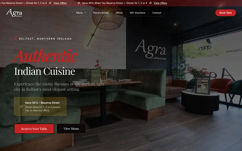 Screenshot of the Agra Indian Cuisine public website homepage, showing the reserve direct offer