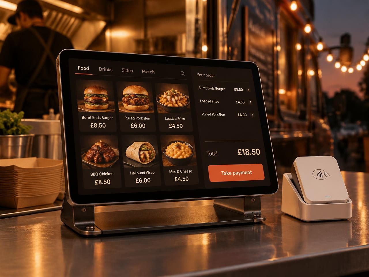 Counter till on a tablet at a food truck counter, with an order ready to take payment