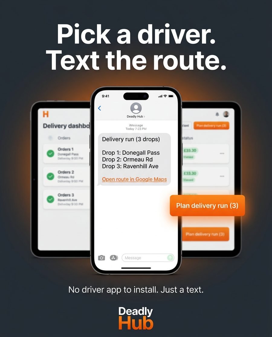 Deadly Hub driver helper: an order assigned on the tablet and the driver receiving a text with the best route