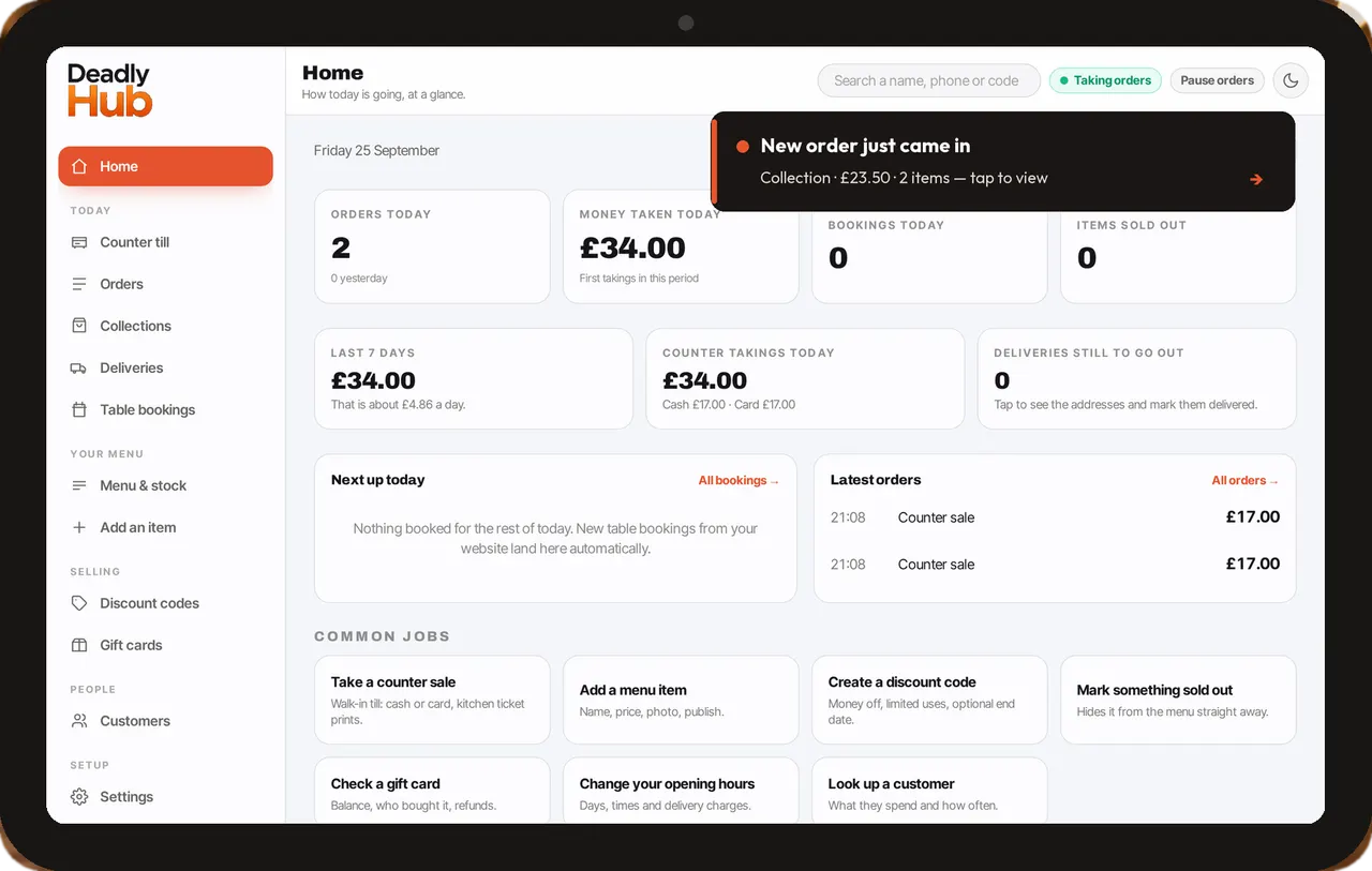 The Deadly Hub dashboard on a tablet, showing a new order alert