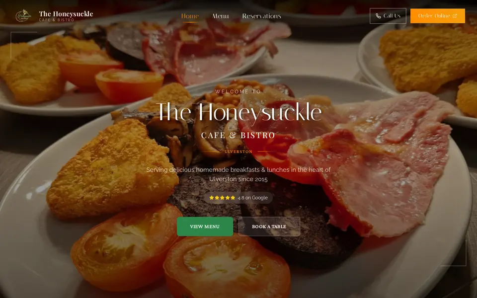 Screenshot of The Honeysuckle Cafe & Bistro public website homepage in Ulverston