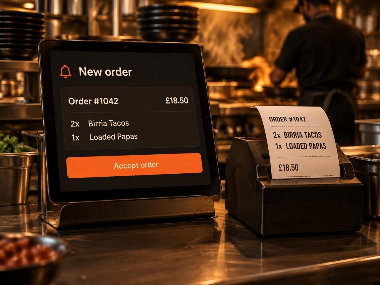 A new order landing on a counter tablet beside the printed kitchen ticket