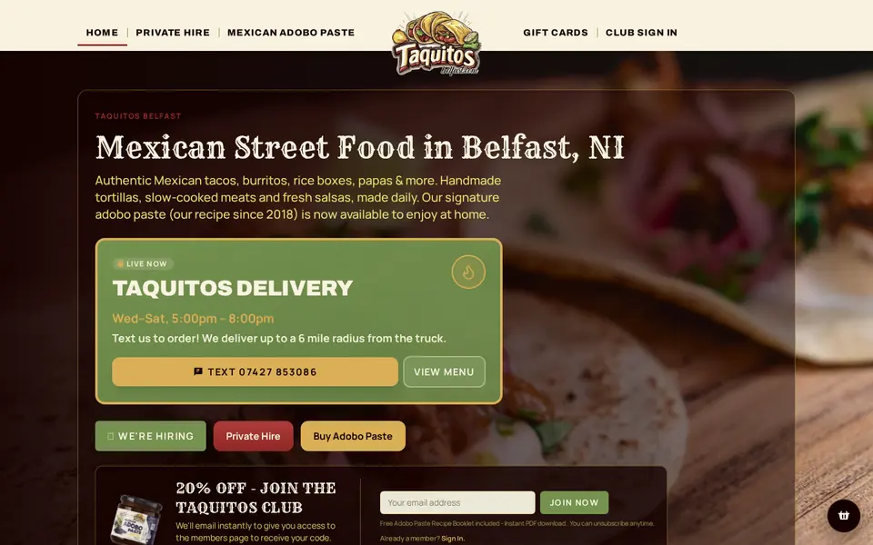 Screenshot of the Taquitos Belfast public website homepage, showing text-to-order delivery